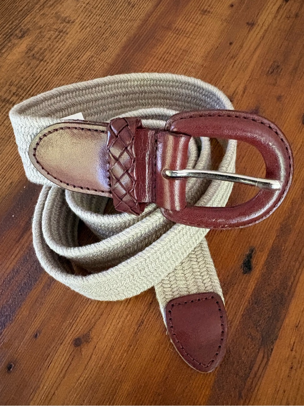 Talbots Vintage Leather Trim Woven Stretch Khaki Tan Belt Sz L